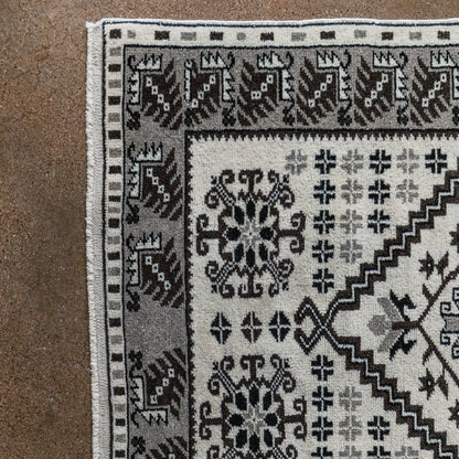 Vintage Turkish (3x6 rug)  Ivory & Charcoal  Hand-Knotted Wool Rug