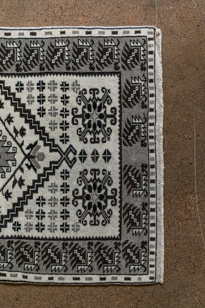 Vintage Turkish (3x6 rug)  Ivory & Charcoal  Hand-Knotted Wool Rug