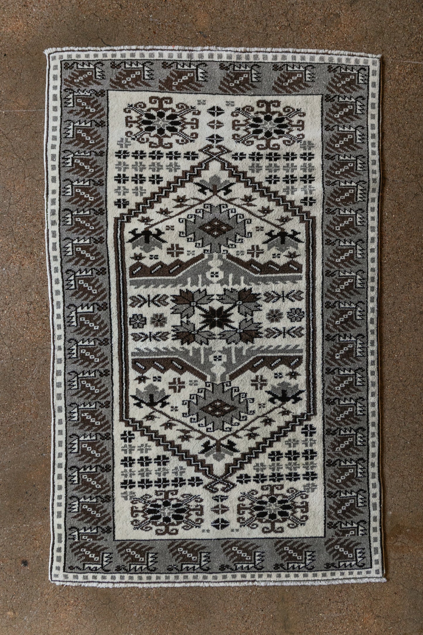 Vintage Turkish (3x4 rug) Ivory, Gray & Brown Hand-Knotted Wool Rug