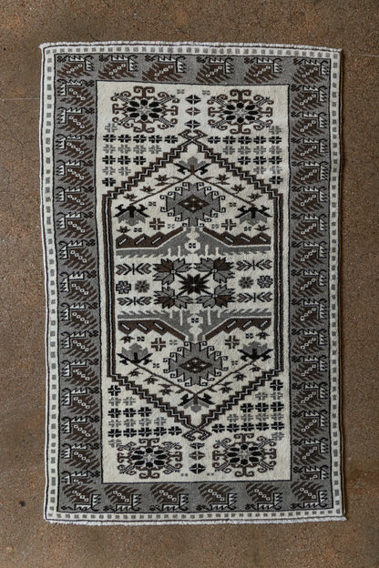 Vintage Turkish (3x4 rug) Ivory, Gray & Brown Hand-Knotted Wool Rug