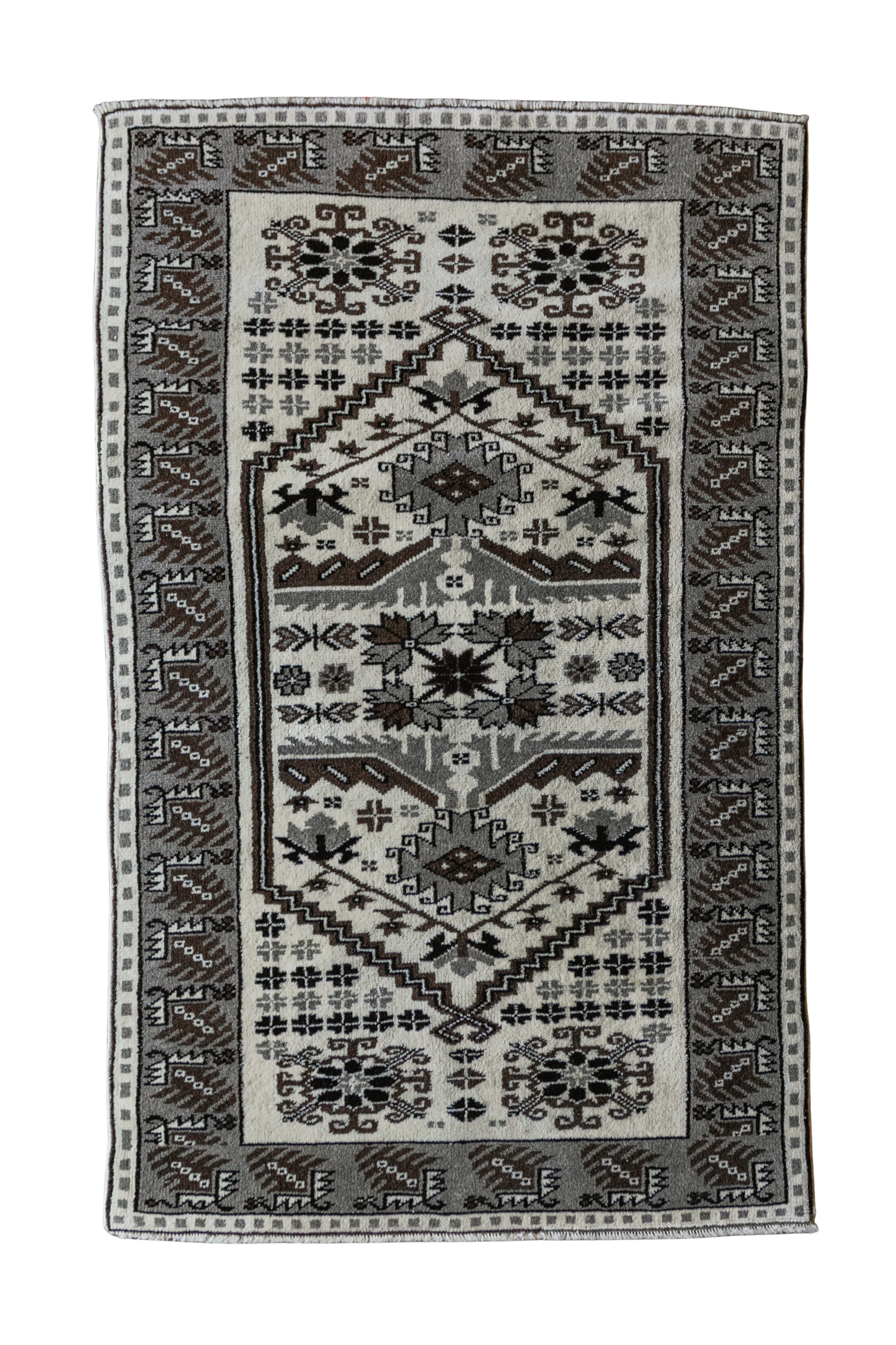 Vintage Turkish (3x4 rug) Ivory, Gray & Brown Hand-Knotted Wool Rug