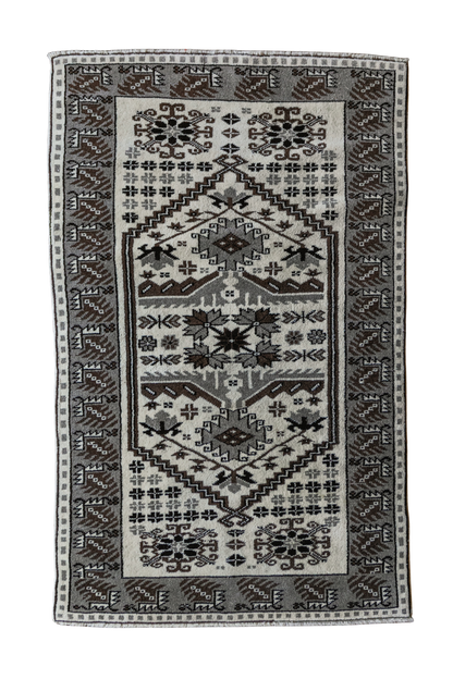 Vintage Turkish (3x4 rug) Ivory, Gray & Brown Hand-Knotted Wool Rug