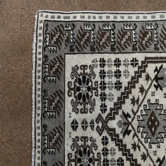 Vintage Turkish (3x4 rug) Ivory, Gray & Brown Hand-Knotted Wool Rug