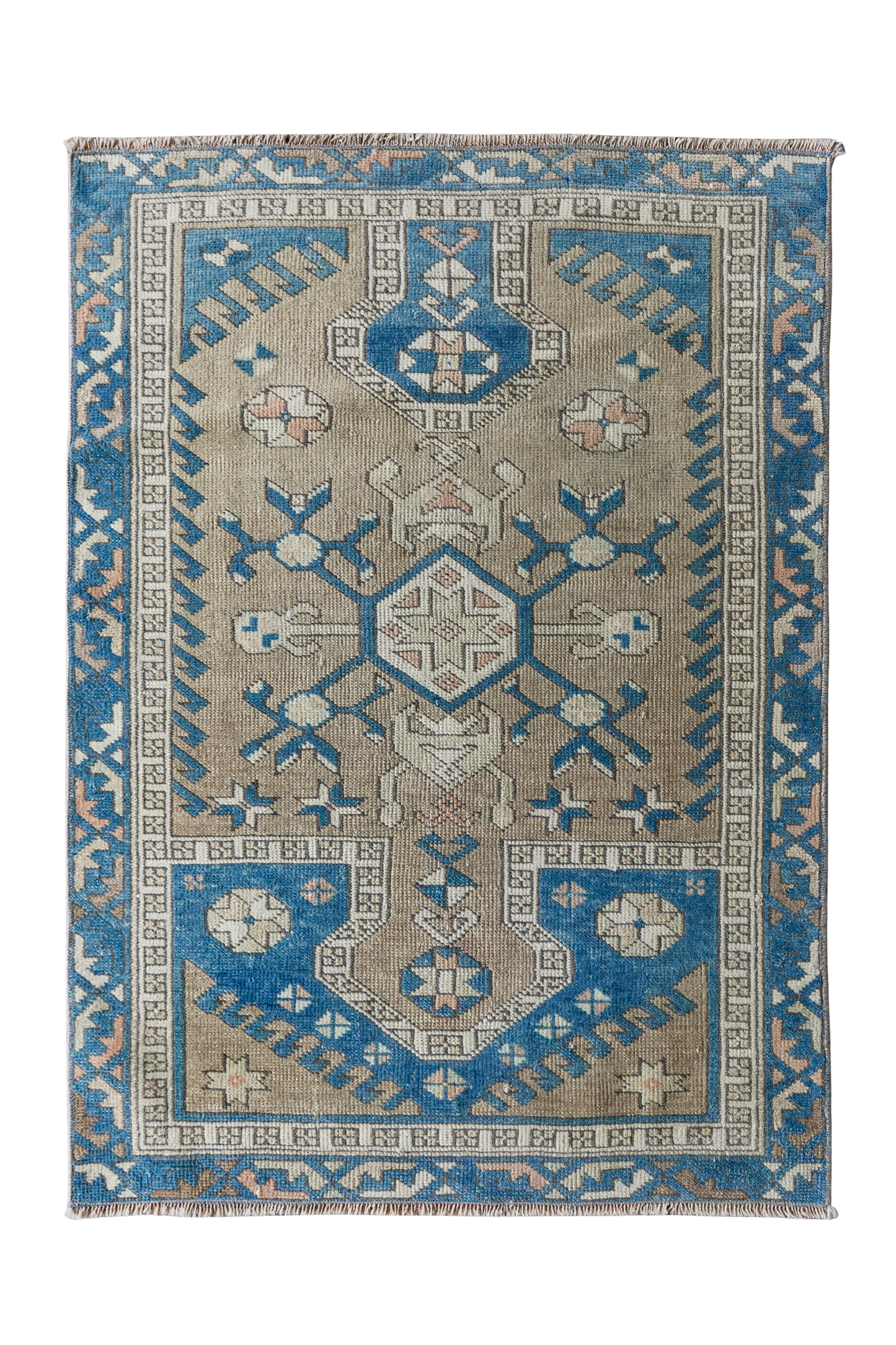 Vintage Caucasian Kazak Rug (3x4) Blue & Tan Geometric Medallion Wool Area Rug