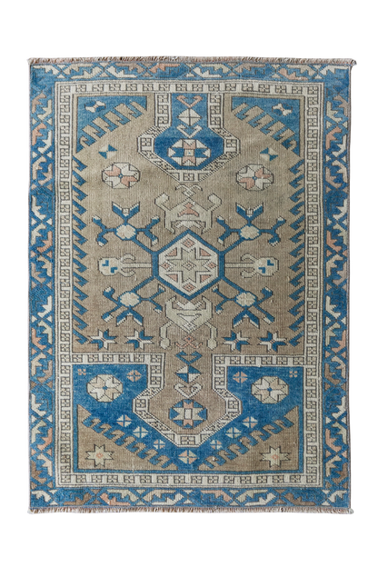Vintage Caucasian Kazak Rug (3x4) Blue & Tan Geometric Medallion Wool Area Rug