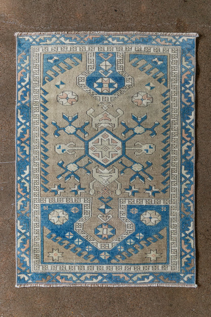 Vintage Caucasian Kazak Rug (3x4) Blue & Tan Geometric Medallion Wool Area Rug