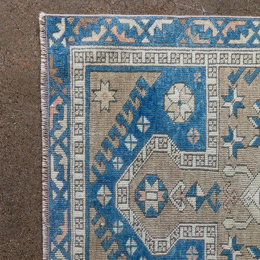 Vintage Caucasian Kazak Rug (3x4) Blue & Tan Geometric Medallion Wool Area Rug