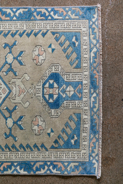Vintage Caucasian Kazak Rug (3x4) Blue & Tan Geometric Medallion Wool Area Rug