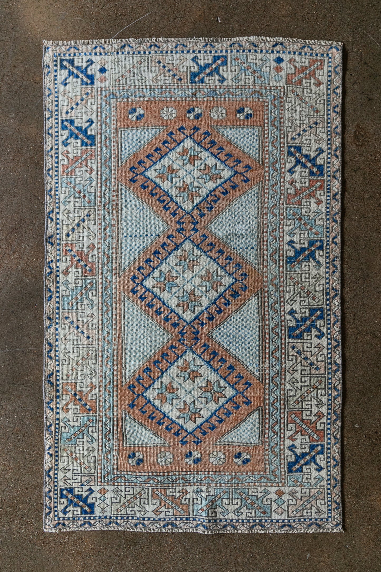 Vintage Turkish (3x5 rug) Sky Blue, Terracotta & Navy Hand-Knotted Wool