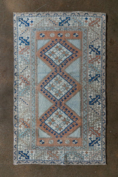 Vintage Turkish (3x5 rug) Sky Blue, Terracotta & Navy Hand-Knotted Wool