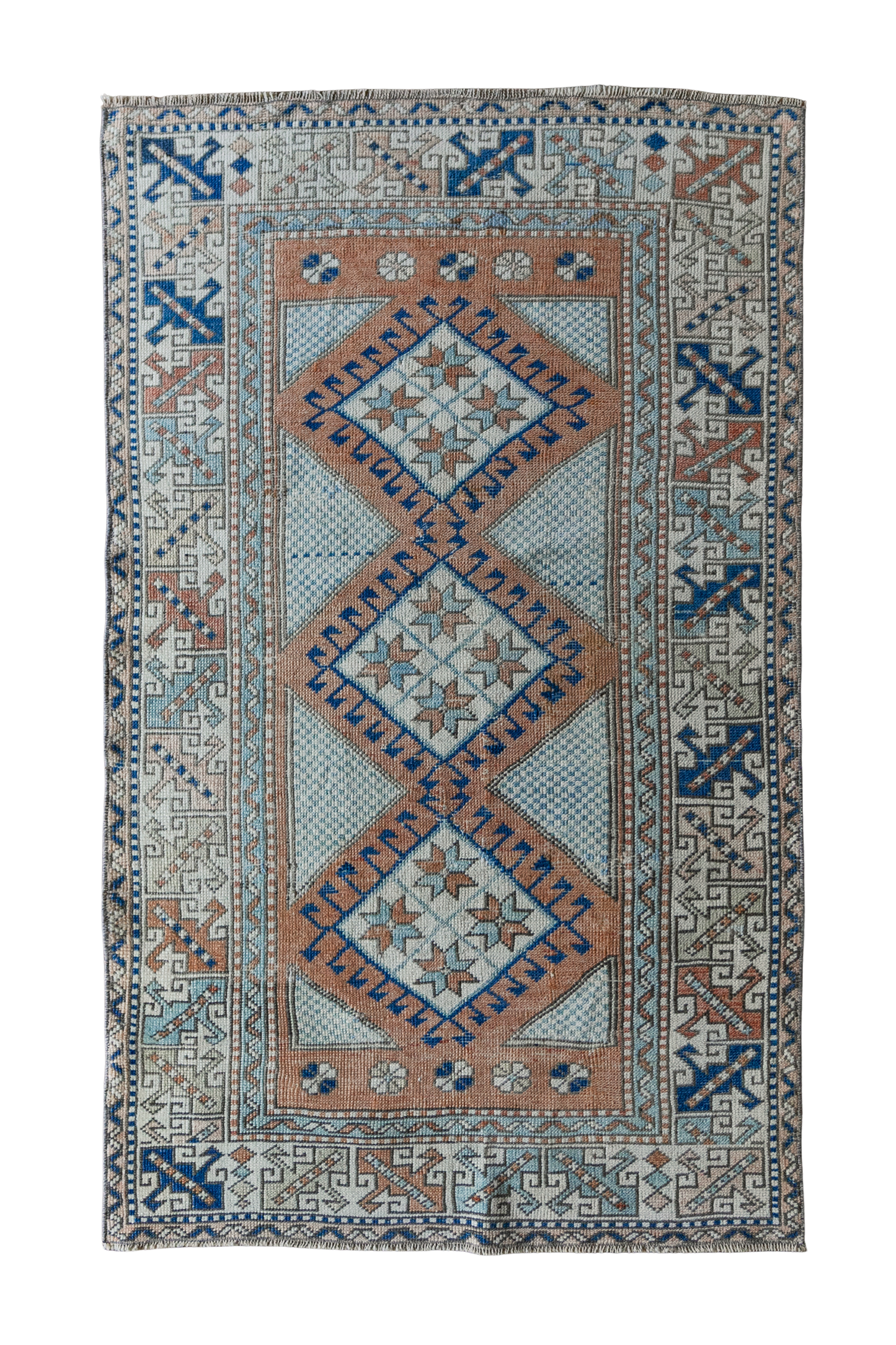 Vintage Turkish (3x5 rug) Sky Blue, Terracotta & Navy Hand-Knotted Wool