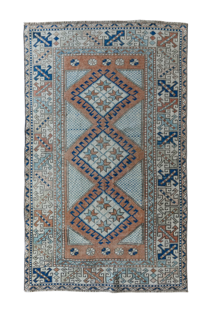 Vintage Turkish (3x5 rug) Sky Blue, Terracotta & Navy Hand-Knotted Wool