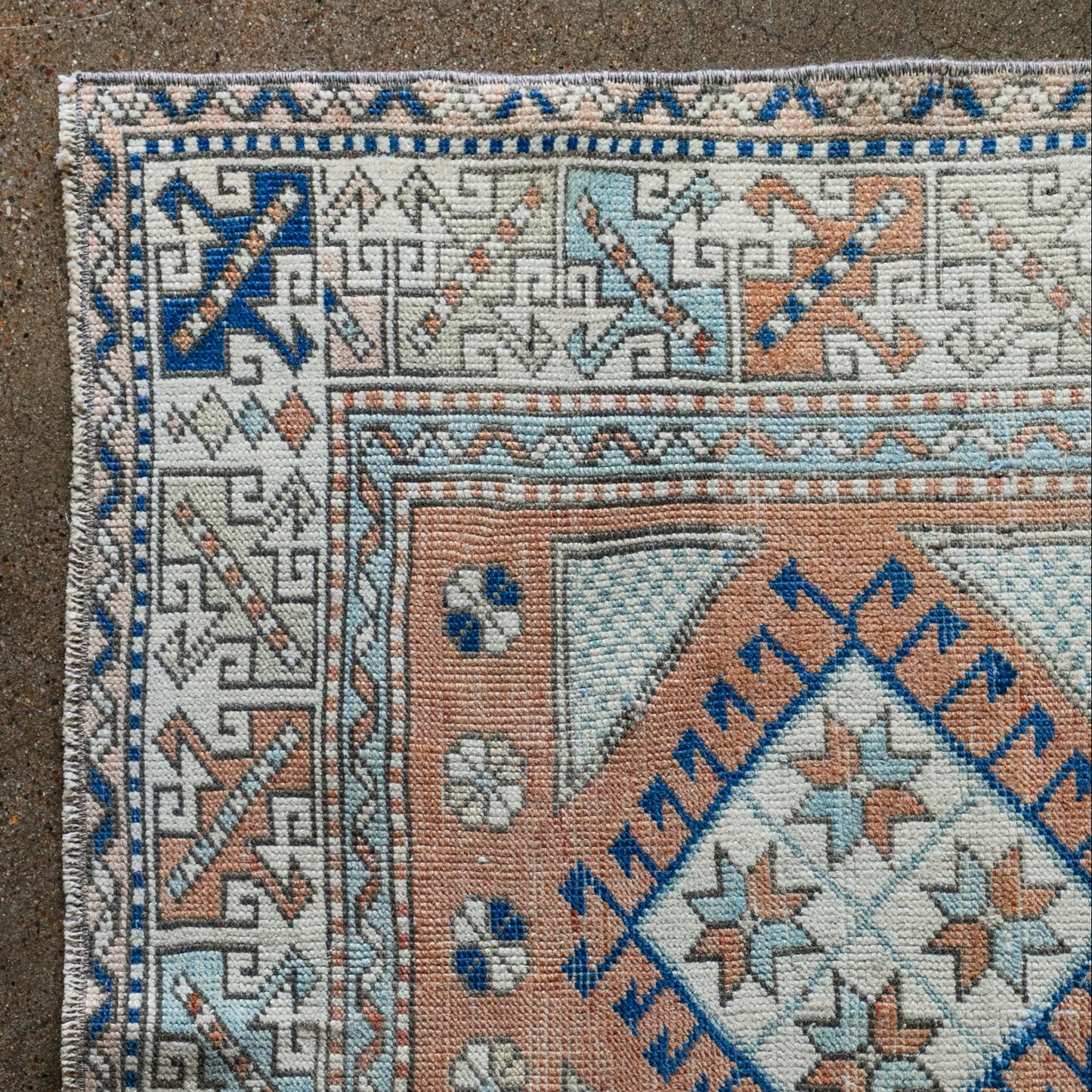 Vintage Turkish (3x5 rug) Sky Blue, Terracotta & Navy Hand-Knotted Wool