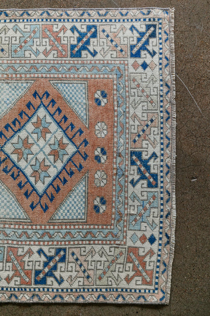 Vintage Turkish (3x5 rug) Sky Blue, Terracotta & Navy Hand-Knotted Wool