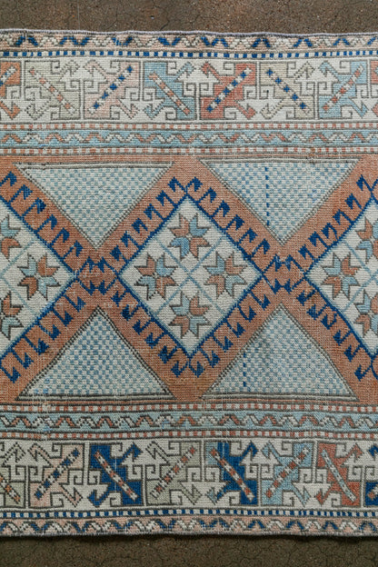 Vintage Turkish (3x5 rug) Sky Blue, Terracotta & Navy Hand-Knotted Wool