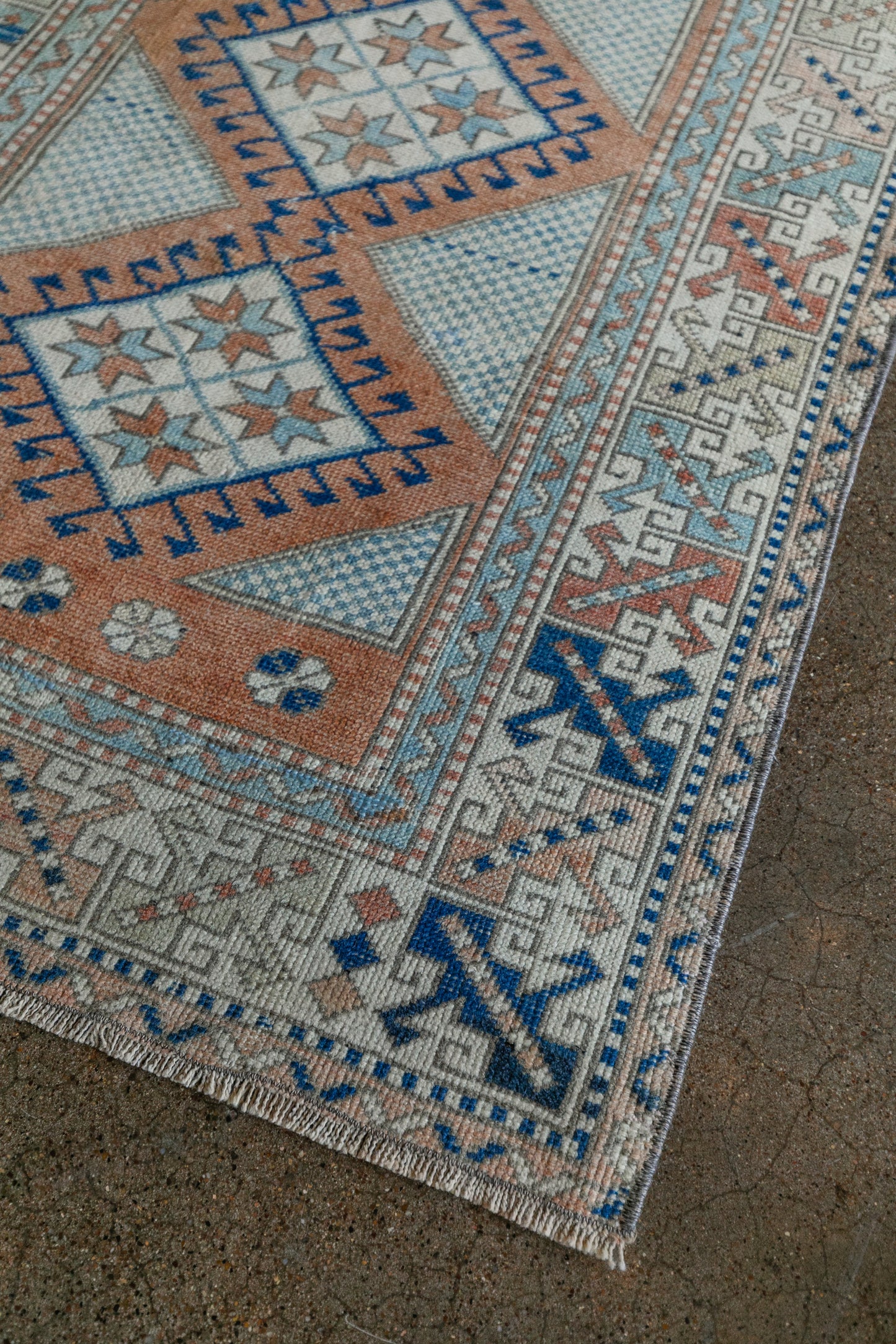 Vintage Turkish (3x5 rug) Sky Blue, Terracotta & Navy Hand-Knotted Wool