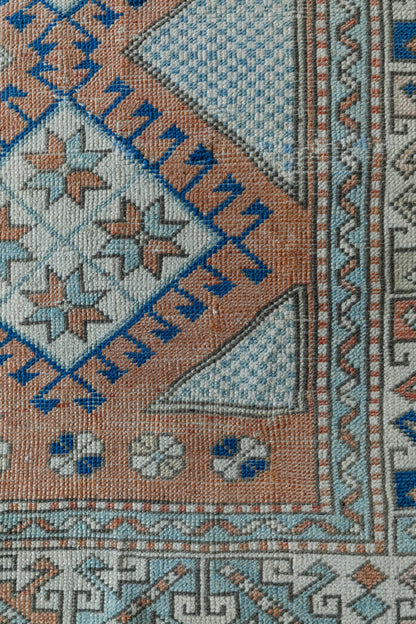 Vintage Turkish (3x5 rug) Sky Blue, Terracotta & Navy Hand-Knotted Wool