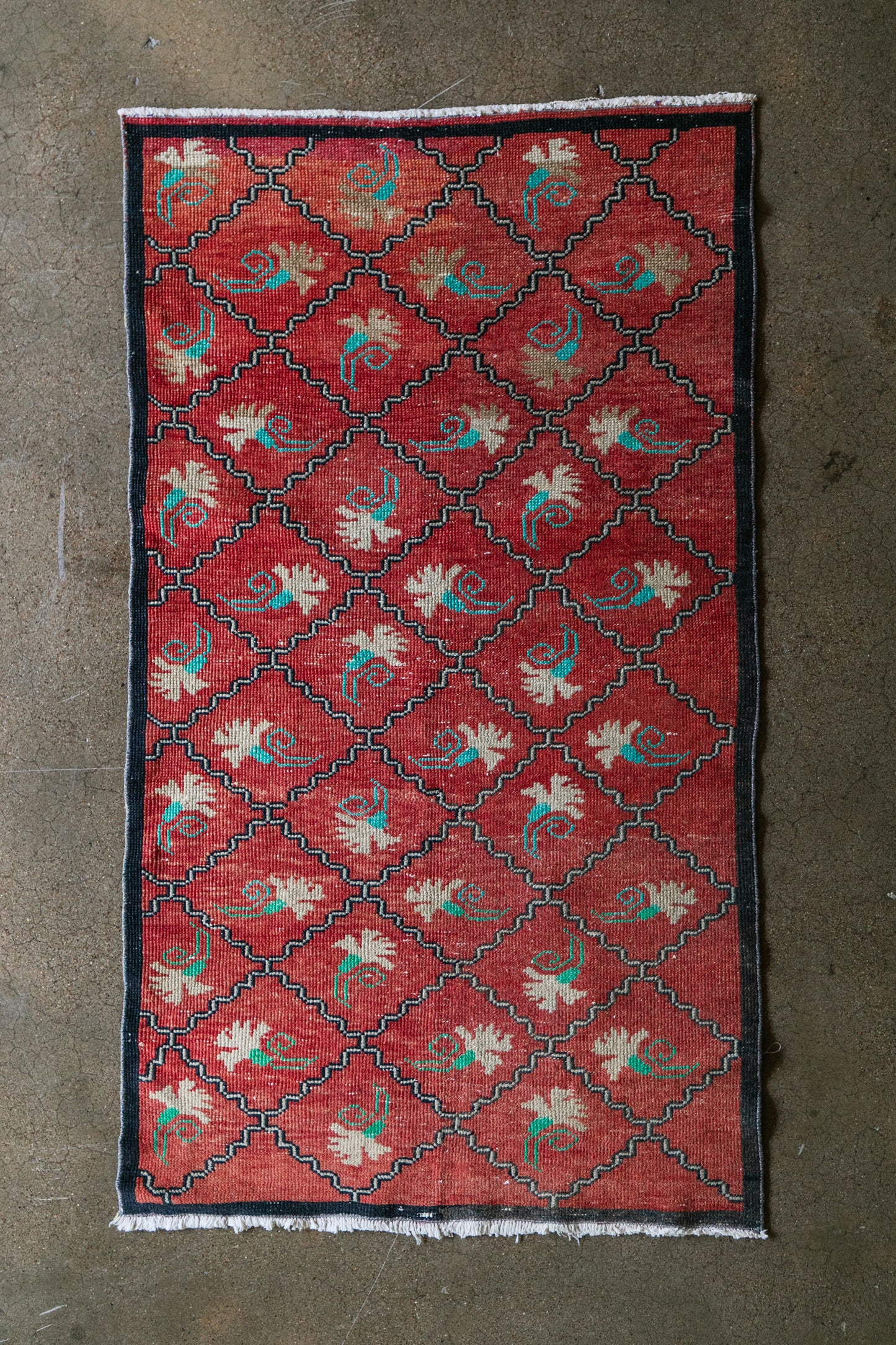 Vintage Turkish (3x6) Red Diamond Lattice Wool Area Rug