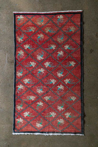 Vintage Turkish (3x6) Red Diamond Lattice Wool Area Rug