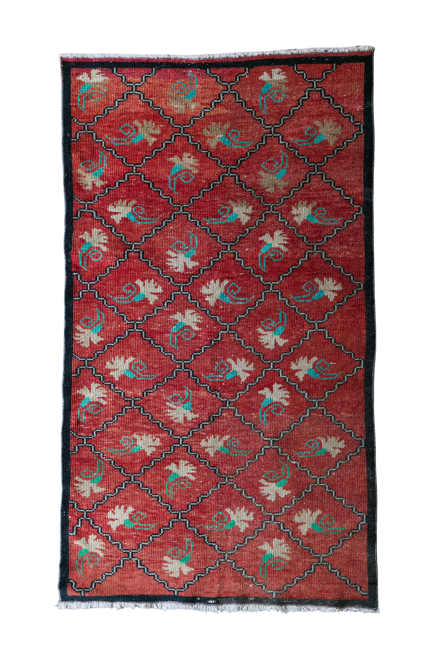 Vintage Turkish (3x6) Red Diamond Lattice Wool Area Rug