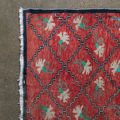 Vintage Turkish (3x6) Red Diamond Lattice Wool Area Rug