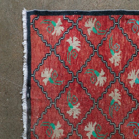 Vintage Turkish (3x6) Red Diamond Lattice Wool Area Rug