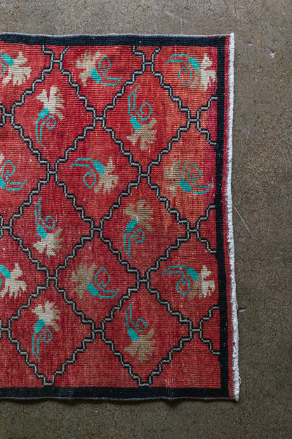 Vintage Turkish (3x6) Red Diamond Lattice Wool Area Rug