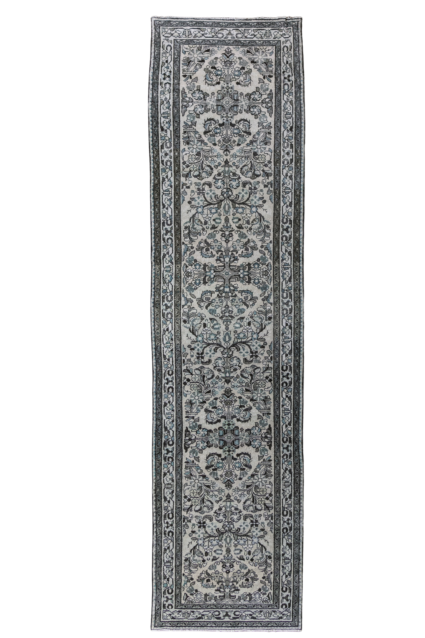 Antique Persian (3x12) Ivory & Slate Blue Hand-Knotted Wool Runner