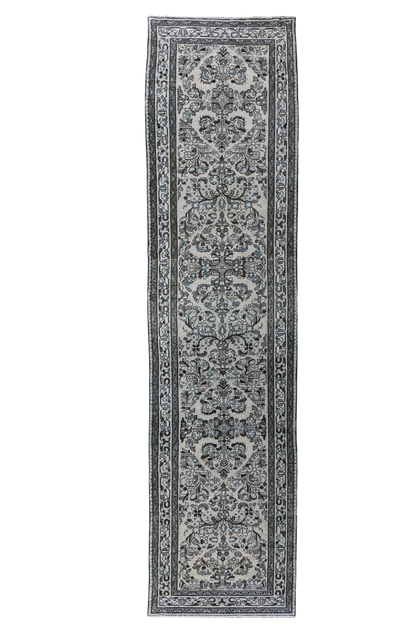 Antique Persian (3x12) Ivory & Slate Blue Hand-Knotted Wool Runner