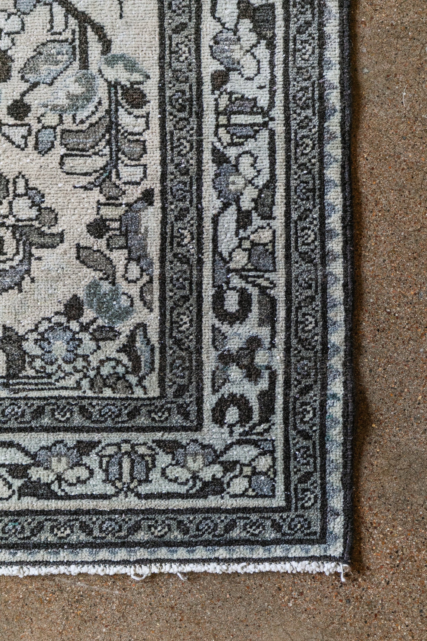 Antique Persian (3x12) Ivory & Slate Blue Hand-Knotted Wool Runner