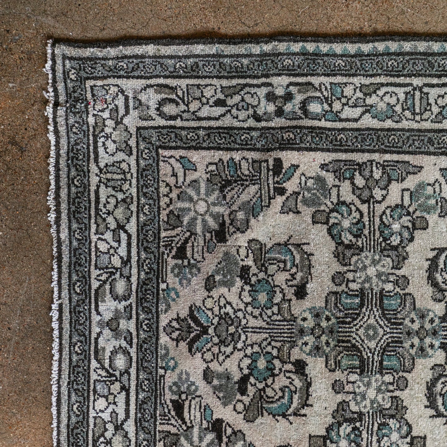 Antique Persian (3x12) Ivory & Slate Blue Hand-Knotted Wool Runner