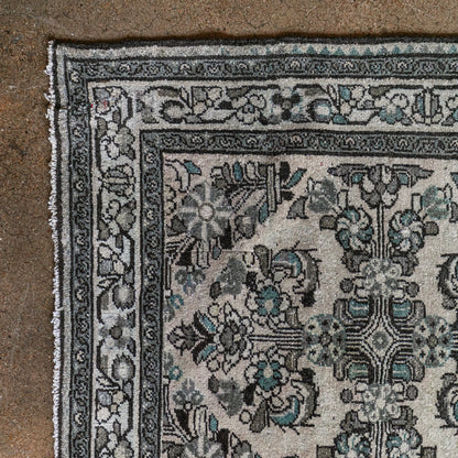Antique Persian (3x12) Ivory & Slate Blue Hand-Knotted Wool Runner