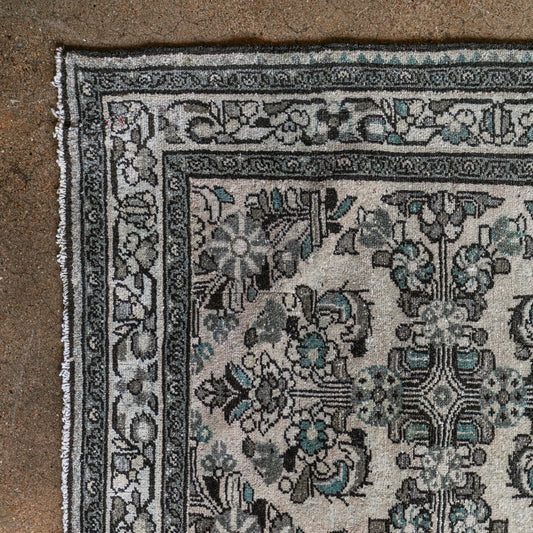 Antique Persian (3x12) Ivory & Slate Blue Hand-Knotted Wool Runner