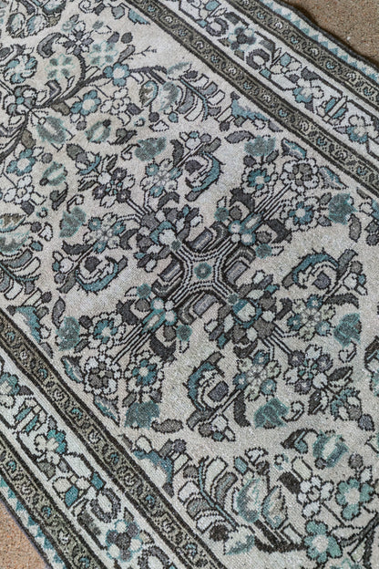 Antique Persian (3x12) Ivory & Slate Blue Hand-Knotted Wool Runner