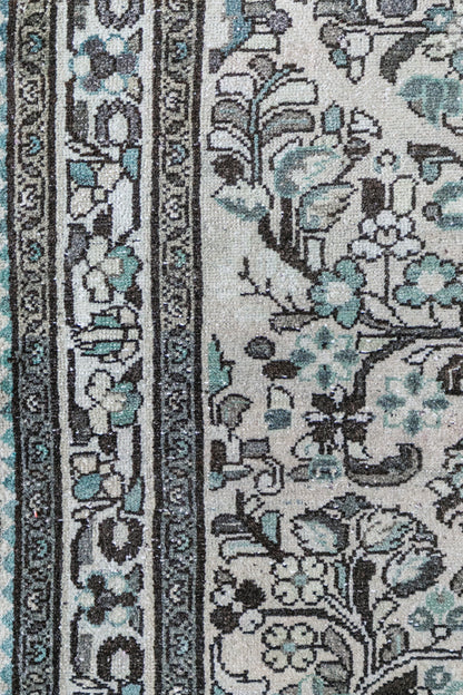 Antique Persian (3x12) Ivory & Slate Blue Hand-Knotted Wool Runner