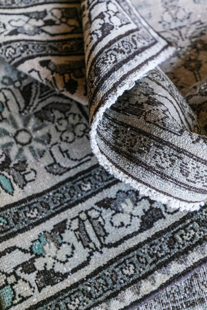 Antique Persian (3x12) Ivory & Slate Blue Hand-Knotted Wool Runner