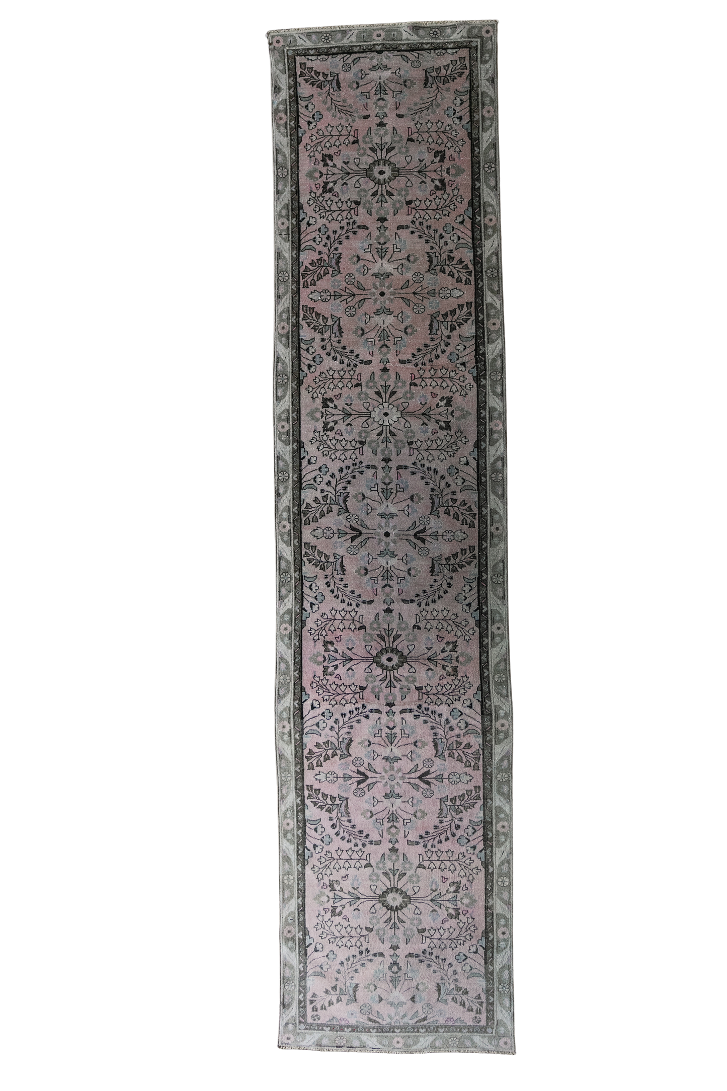 Vintage Persian (3x14) Dusty Rose & Charcoal Hand-Knotted Wool Hallway Runner