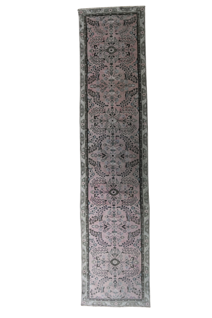 Vintage Persian (3x14) Dusty Rose & Charcoal Hand-Knotted Wool Hallway Runner