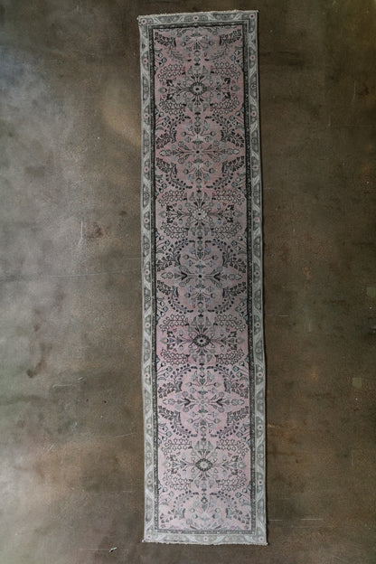 Vintage Persian (3x14) Dusty Rose & Charcoal Hand-Knotted Wool Hallway Runner