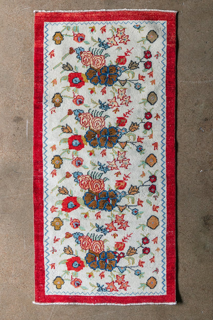 Vintage Turkish (3x6) Ivory and Red Floral Hand-Knotted Wool Rug