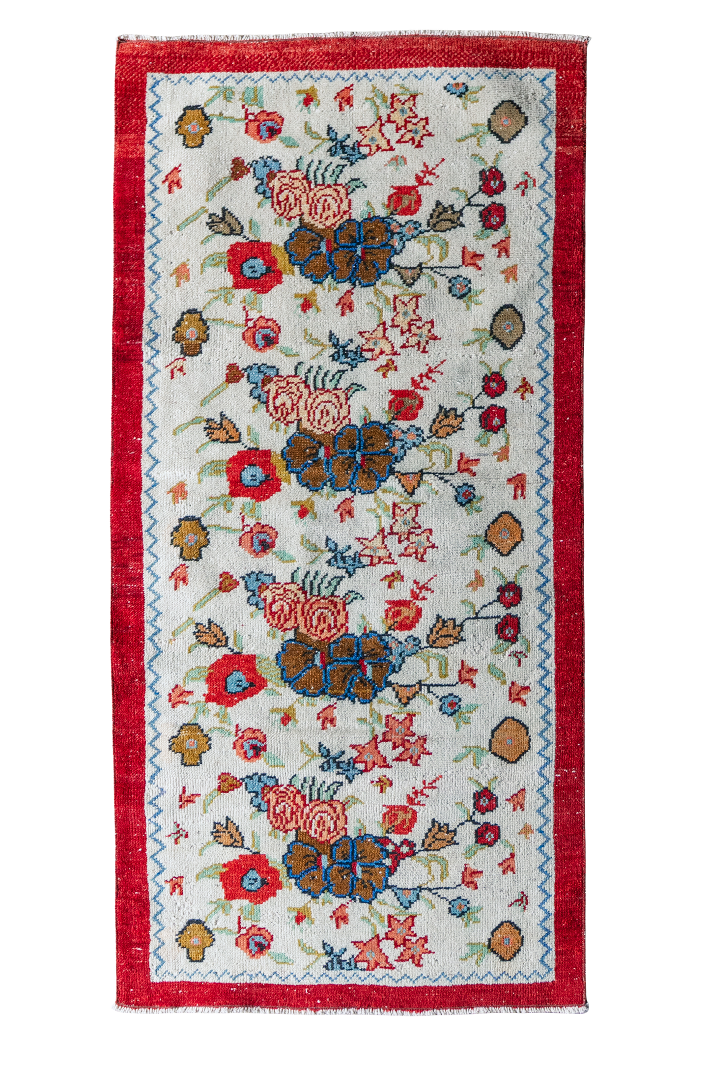 Vintage Turkish (3x6) Ivory and Red Floral Hand-Knotted Wool Rug