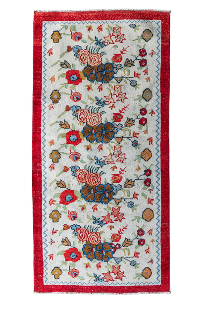 Vintage Turkish (3x6) Ivory and Red Floral Hand-Knotted Wool Rug