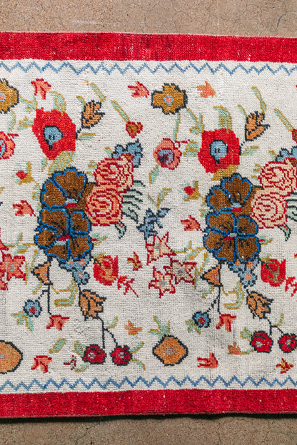 Vintage Turkish (3x6) Ivory and Red Floral Hand-Knotted Wool Rug