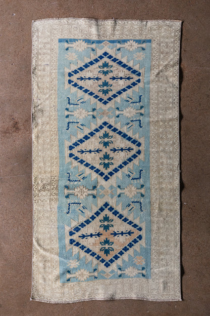 Vintage Turkish (3x6) Sky Blue and Ivory Hand-Knotted Wool Rug
