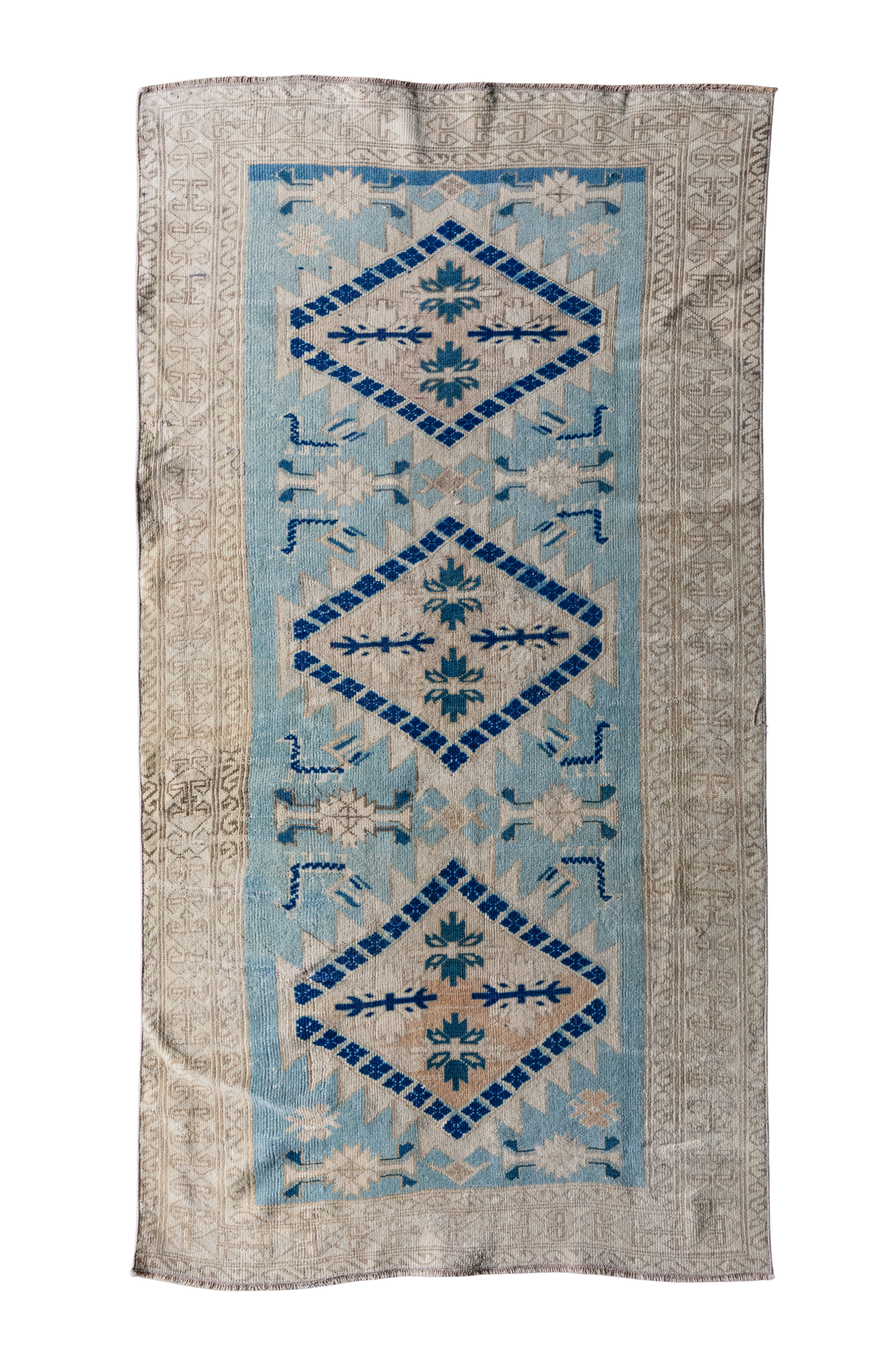 Vintage Turkish (3x6) Sky Blue and Ivory Hand-Knotted Wool Rug