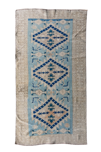 Vintage Turkish (3x6) Sky Blue and Ivory Hand-Knotted Wool Rug