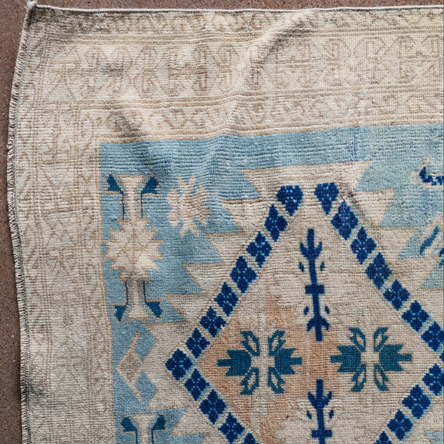 Vintage Turkish (3x6) Sky Blue and Ivory Hand-Knotted Wool Rug