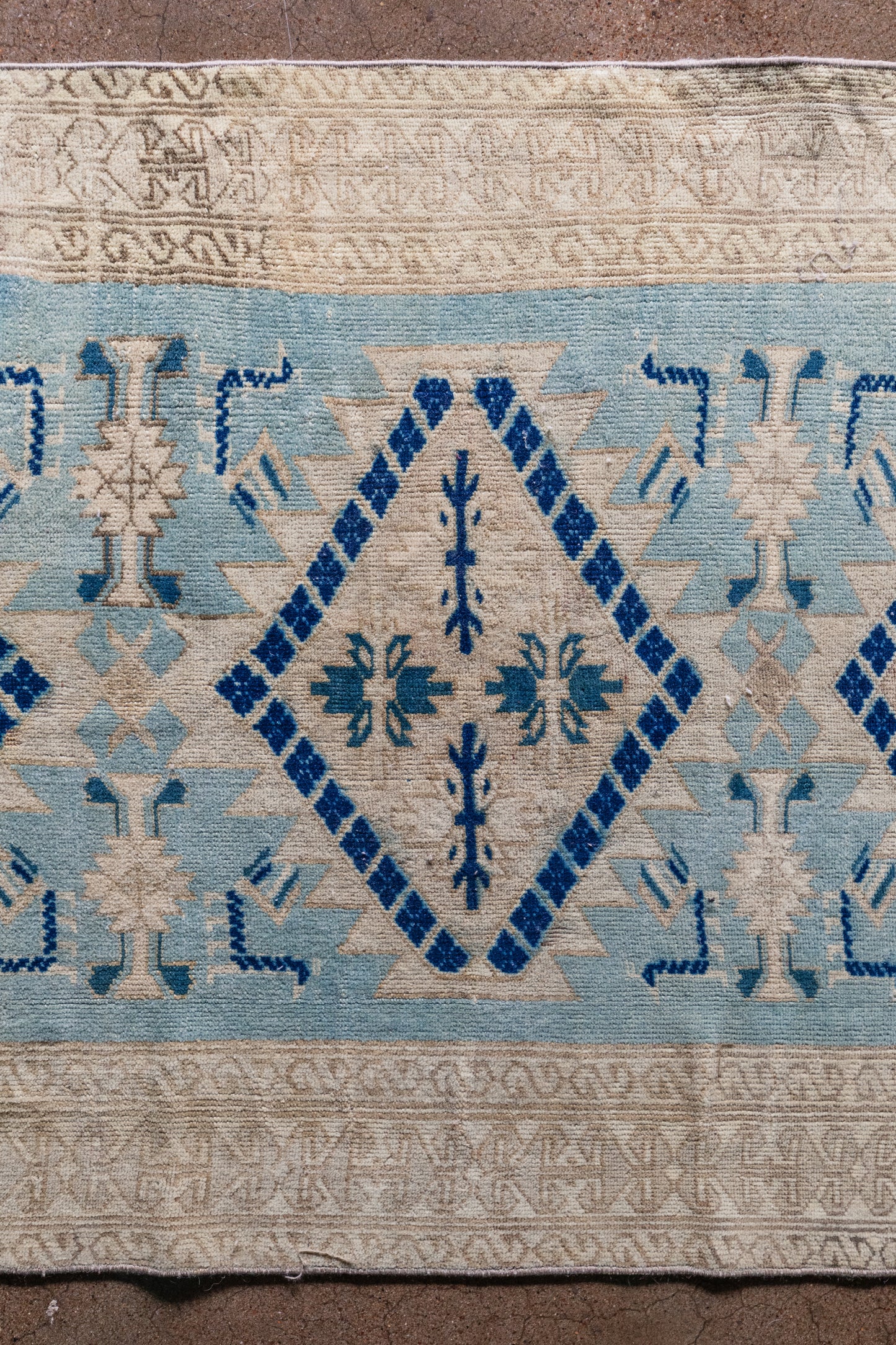 Vintage Turkish (3x6) Sky Blue and Ivory Hand-Knotted Wool Rug