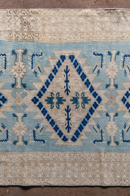Vintage Turkish (3x6) Sky Blue and Ivory Hand-Knotted Wool Rug