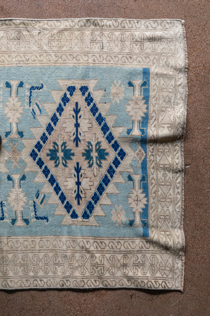 Vintage Turkish (3x6) Sky Blue and Ivory Hand-Knotted Wool Rug